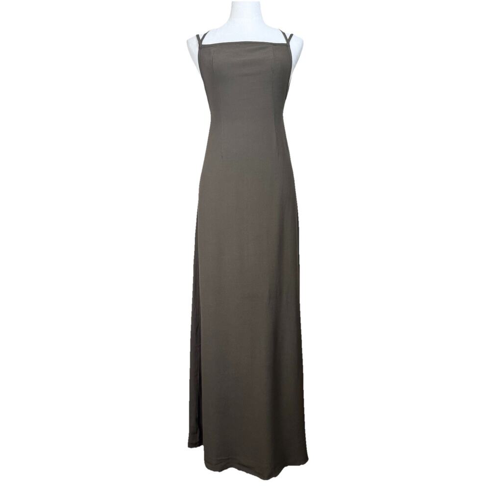 TOBI Maxi Dress S Brownish Green Spaghetti‎ Strap Halter Tie Low Back High Slit